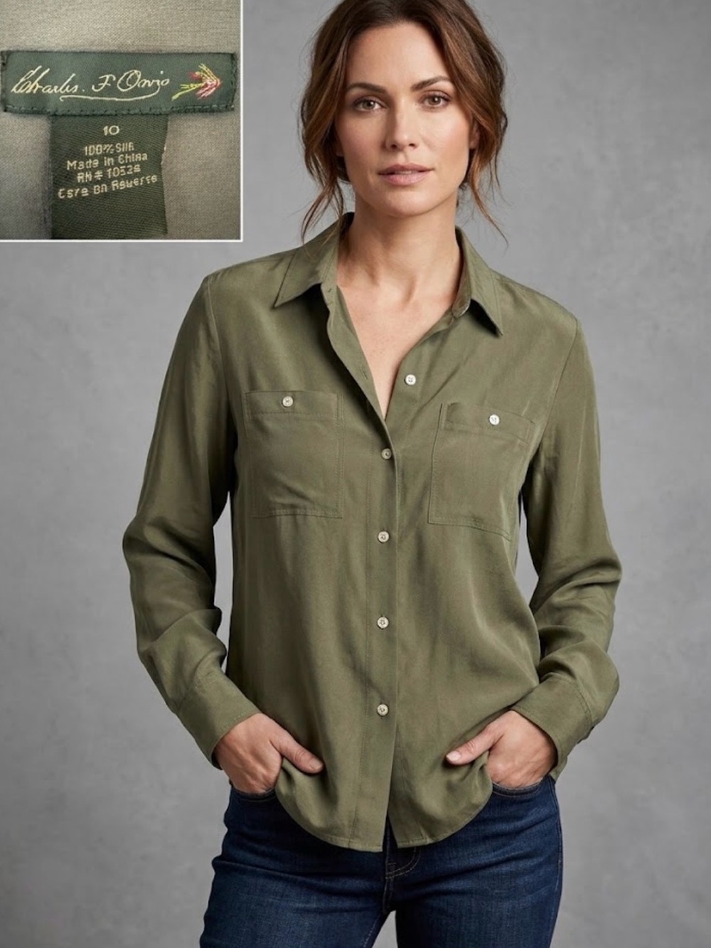 Charles F Orvis Silk Utility Shirt Blouse Size 10 Olive Moss Green Safari